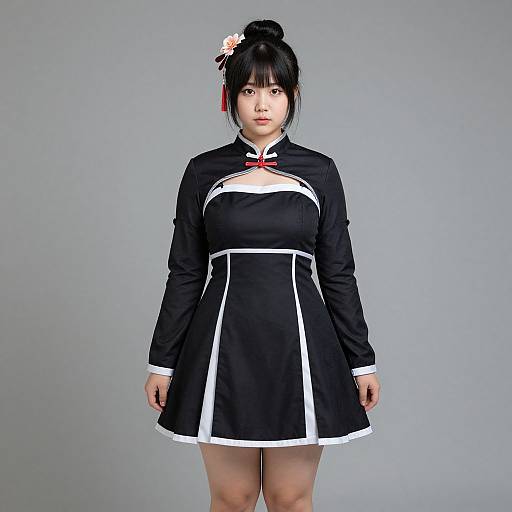 Photograph of an East Asian woman with fair skin, black hair in a bun, wearing a black and white maid-style dress, standing against a plain