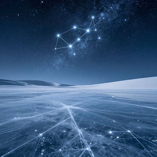 Digital artwork of a starry night sky over a glowing, snow-covered landscape with constellation lines connecting bright stars in the sky.