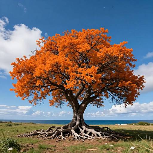 Photograph of a vibrant orange-flowered tree with exposed roots, set against a bright blue sky and white clouds, on a grassy, coastal landscape