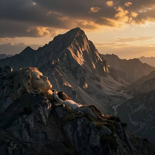 Digital art: A serene, blonde woman with closed eyes lies on a mountain peak, bathed in golden sunset light, with dramatic, shadowed peaks