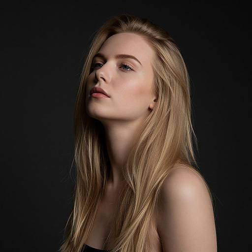 Photograph of a young, fair-skinned woman with long, straight blonde hair, blue eyes, and soft pink lips, set against a dark background