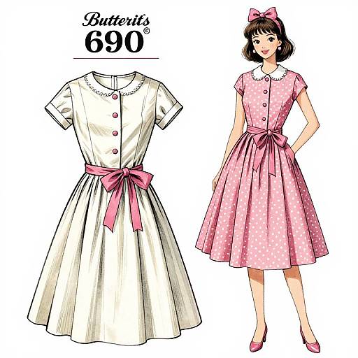 Digital illustration of a 1950s-style dress: white with pink bow and buttons, and pink polka dot version, worn by a woman with