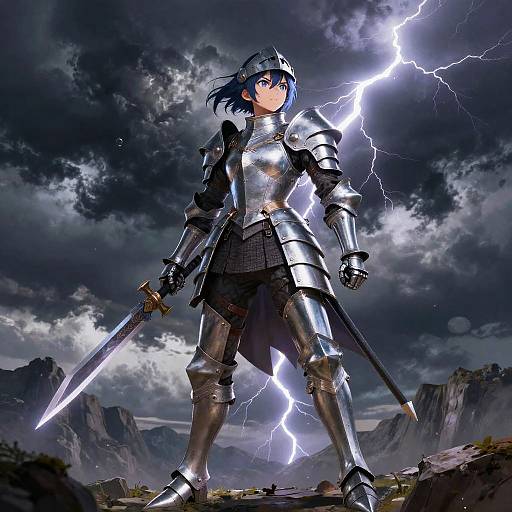 Anime Female Knight on Stormy Mountaintop