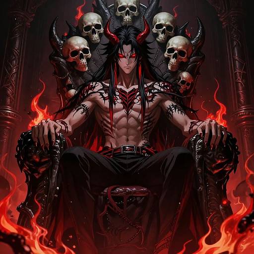 Digital anime-style drawing of a muscular, shirtless demon with red eyes, black horns, and tattoos, seated on a throne surrounded by skulls, with