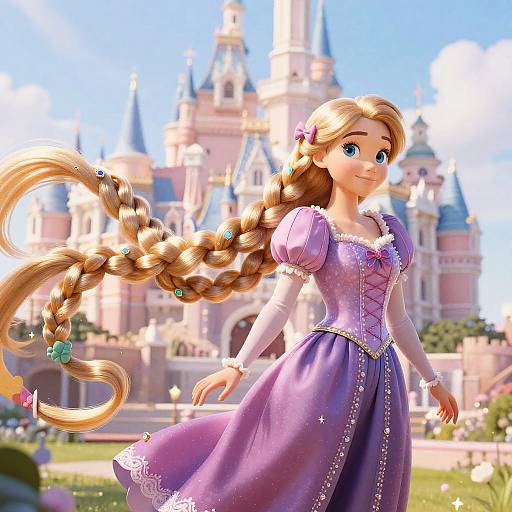 Digital CGI of Rapunzel from Tangled, with long braided hair, purple dress, and pink bows, standing in front of a bright,