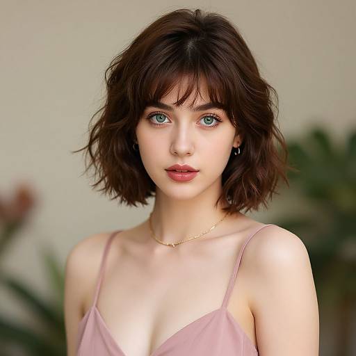 Photograph of a young woman with short, wavy dark brown hair, blue eyes, fair skin, wearing a light pink spaghetti strap top and gold