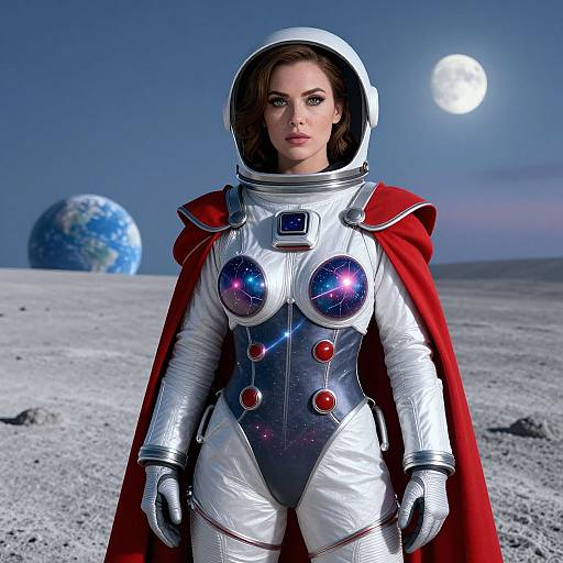 Photorealistic digital image of a woman in a silver astronaut suit with red cape, standing on a moonlit, rocky surface, Earth and moon in