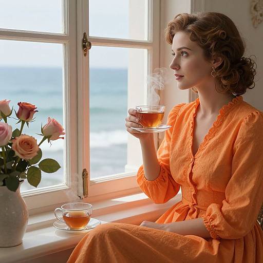 Photograph of a curly-haired woman in an orange dress, sitting by a window, sipping tea, with roses and another teacup on the