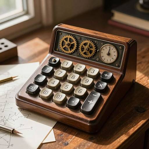 Vintage wooden mechanical calculator with black and white keys, two gear dials, and clock face, placed on a sunlit wooden desk.