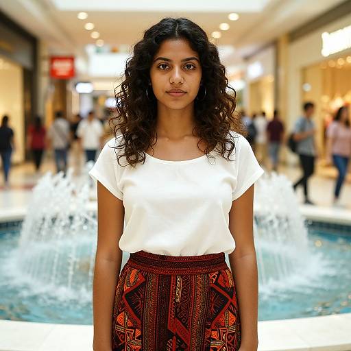 Photograph of a young South Asian woman with curly black hair, wearing a white blouse and red patterned skirt, standing in a brightly lit, blurred