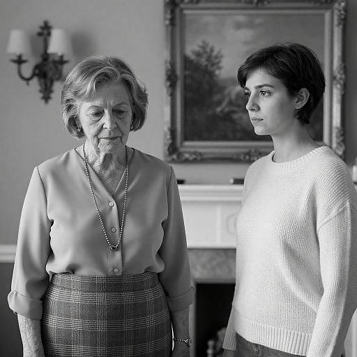Black and White Portrait of Two Women Indoors