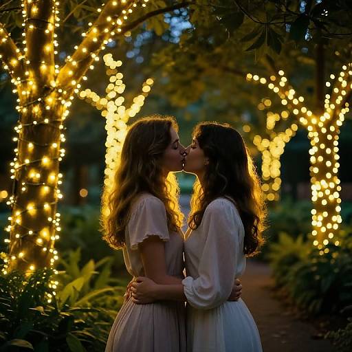 Photograph of two women, long wavy hair, kissing under a glowing arch of yellow fairy lights in a dark, lush garden.