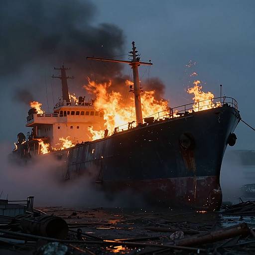 Photograph of a burning ship with bright orange flames and thick black smoke, silhouetted against a dark blue sky, partially submerged in water.