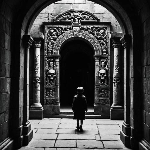 Boy Walking Through Ornate Skull Gate in Ancient Crypt