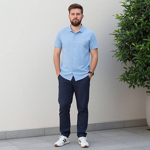 Photograph of a bearded man with short brown hair, wearing a light blue polo shirt, black pants, and white sneakers, standing against a white