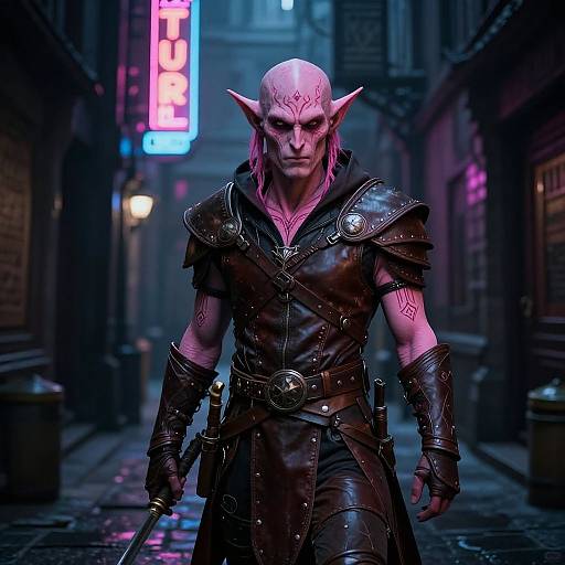 Pink Tiefling Rogue in Cyberpunk Alley