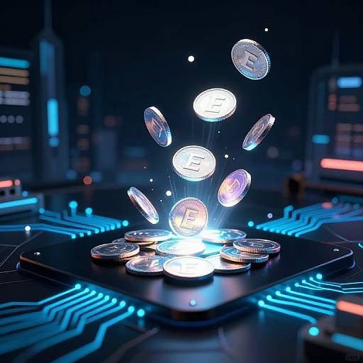 Digital CGI image of glowing coins hovering above a futuristic, blue-lit circuit board, with cityscape lights in the background.