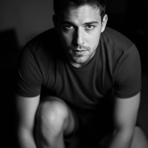 Monochromatic photograph of a serious, muscular man with short dark hair and beard, wearing a black t-shirt, crouching against a dark background