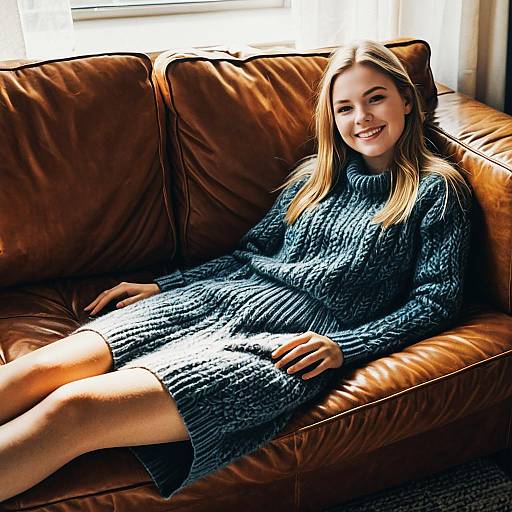 Smiling Young Woman Relaxing on Leather Sofa