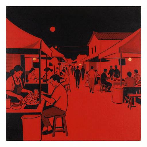 Red monochromatic illustration of a bustling night market with vendors and customers, under tents, seated at wooden stools, and a full moon in the dark