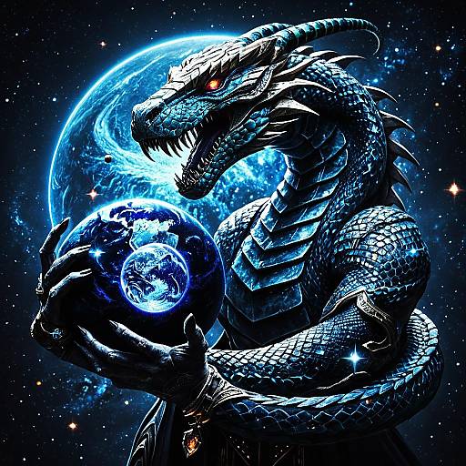 Cinematic Gigantic Sapphire Serpent Holding Planet