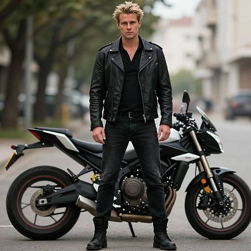 Photograph of a blond, muscular man with a stern expression, wearing a black leather jacket and jeans, standing in front of a black motorcycle on a