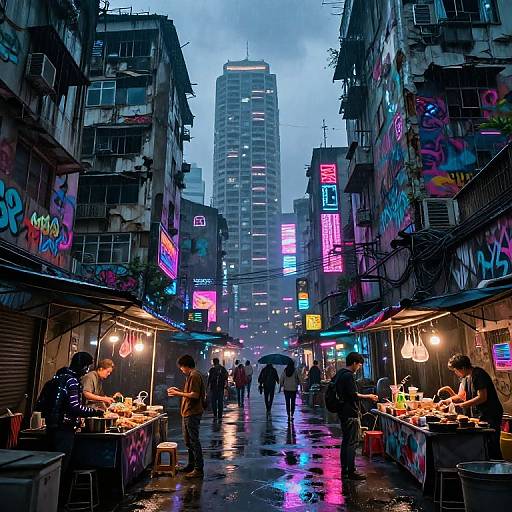 Photograph of a neon-lit, rainy urban street market at dusk. Vibrant signs and stalls line both sides, with people shopping under soft,