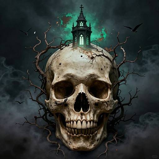 Digital artwork of a skull with a gothic, glowing tower emerging from its top, surrounded by dark, twisted branches and green mist.