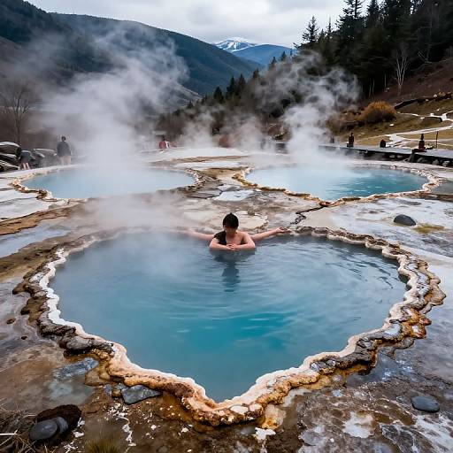 Photograph of a person with dark hair soaking in a steaming hot spring, surrounded by mountains, trees, and misty blue water.