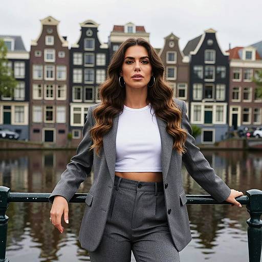 Photograph of a confident woman with long, wavy brown hair in a gray blazer and high-waisted pants, standing by a canal with