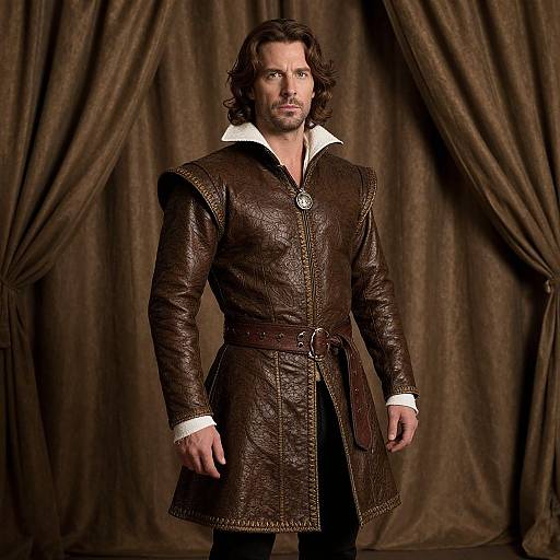 Photograph of a handsome man with wavy brown hair, wearing a dark brown, textured leather coat with white collar, standing against brown draped curtains.