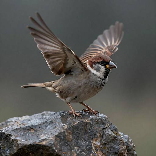 Sparrow on Rock with Wings Spread