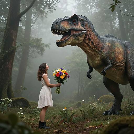 Photograph of a woman in a white dress holding a colorful bouquet facing a large, realistic, colorful dinosaur in a misty forest.