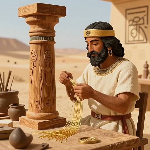 Digital illustration of a bearded, dark-haired man with a golden headband, weaving gold chains around an ancient wooden pillar in a desert workshop.