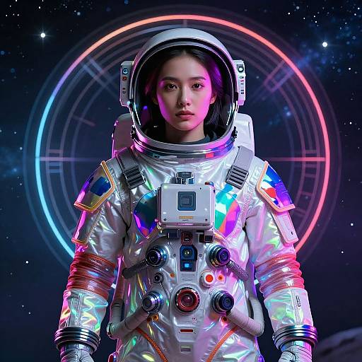 Digital artwork of an Asian woman in a vibrant, neon-lit, futuristic spacesuit against a cosmic background with glowing rings.
