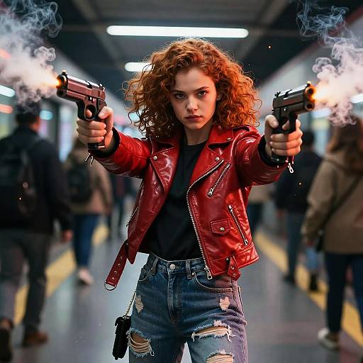 Photorealistic digital art: Curly red-haired woman in red leather jacket and ripped jeans, pointing dual handguns with smoke, in a busy, blurred