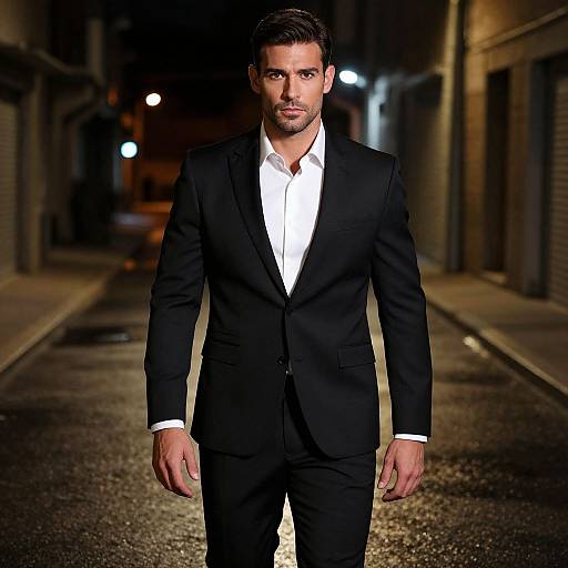 Photograph of a handsome, dark-haired man in a black suit and white shirt, walking down a dimly lit, urban street at night.