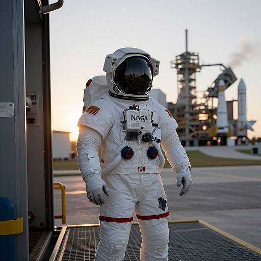 Photograph of an astronaut in a NASA spacesuit standing at a spacecraft launch pad at sunset, with an American flag patch and equipment on the suit.