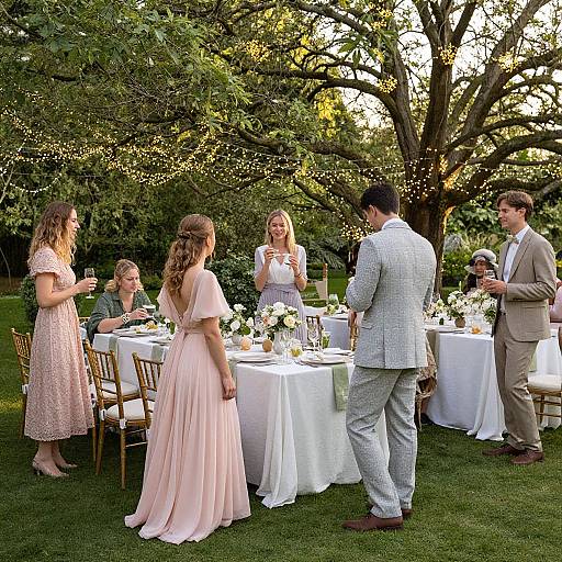 Outdoor garden wedding reception: six elegantly dressed guests, two women in pink dresses, two men in suits, one blonde woman in white, under a
