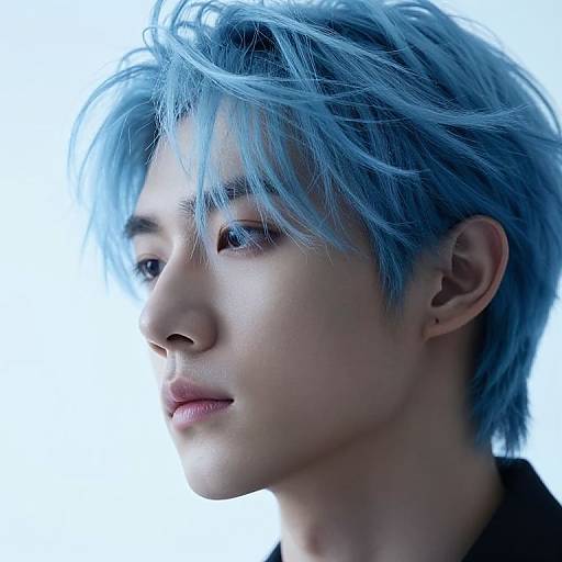 Digital portrait of an androgynous young person with light blue, tousled hair and fair skin, gazing to the side against a bright white