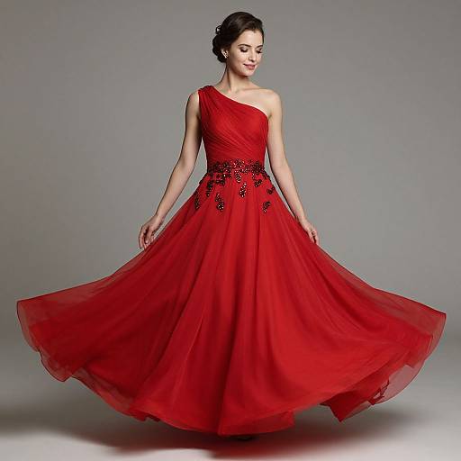 Photograph of a beautiful woman in a vibrant red, one-shoulder, ball gown with black embellishments, elegantly twirling against a gray