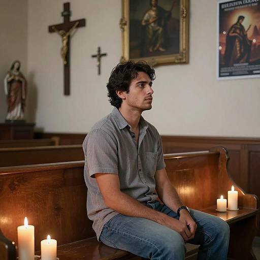 Contemplative Man in Dim Chapel Setting