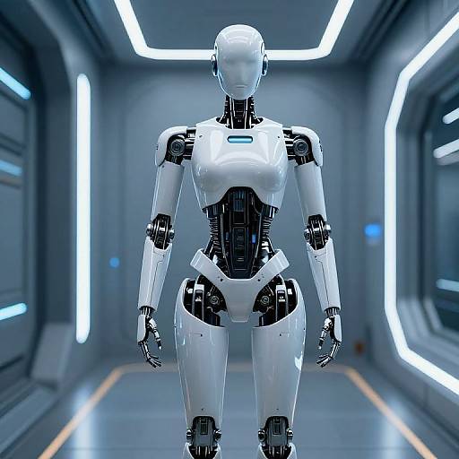 Photorealistic CGI of a sleek, white and black humanoid robot with smooth, glossy surfaces, standing in a futuristic, dimly lit corridor with glowing