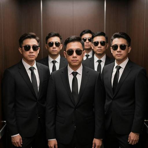 Seven Asian Men in Dark Elevator