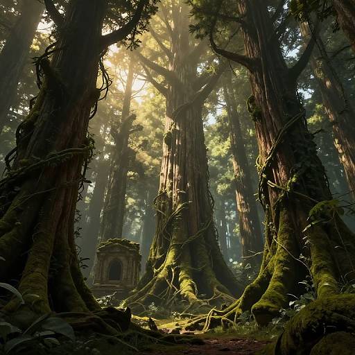 Photorealistic CGI of a mystical forest with towering redwood trees, sunlight filtering through, moss-covered trunks, and a small, ancient stone structure
