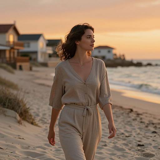 Photograph of a woman with wavy brown hair, wearing a beige V-neck blouse and pants, walking on a sandy beach at sunset, with beach