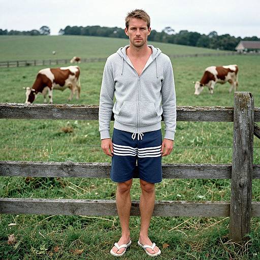 Photograph of a man in a gray hoodie, navy shorts, and flip-flops standing in front of a wooden fence in a grassy field with