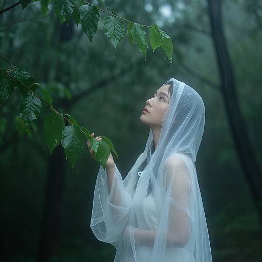 Photograph of a pale-skinned woman with delicate features, wearing a translucent white veil, gently touching green leaves in a dim, forested background.
