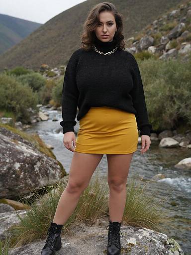 Photograph of a curvy woman with dark wavy hair, wearing a black sweater, yellow skirt, and black lace-up boots, standing confidently by