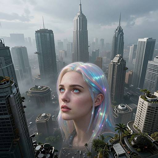 Digital artwork: Giant blonde woman with iridescent hair gazes upwards in a foggy, futuristic cityscape of towering skyscrapers.